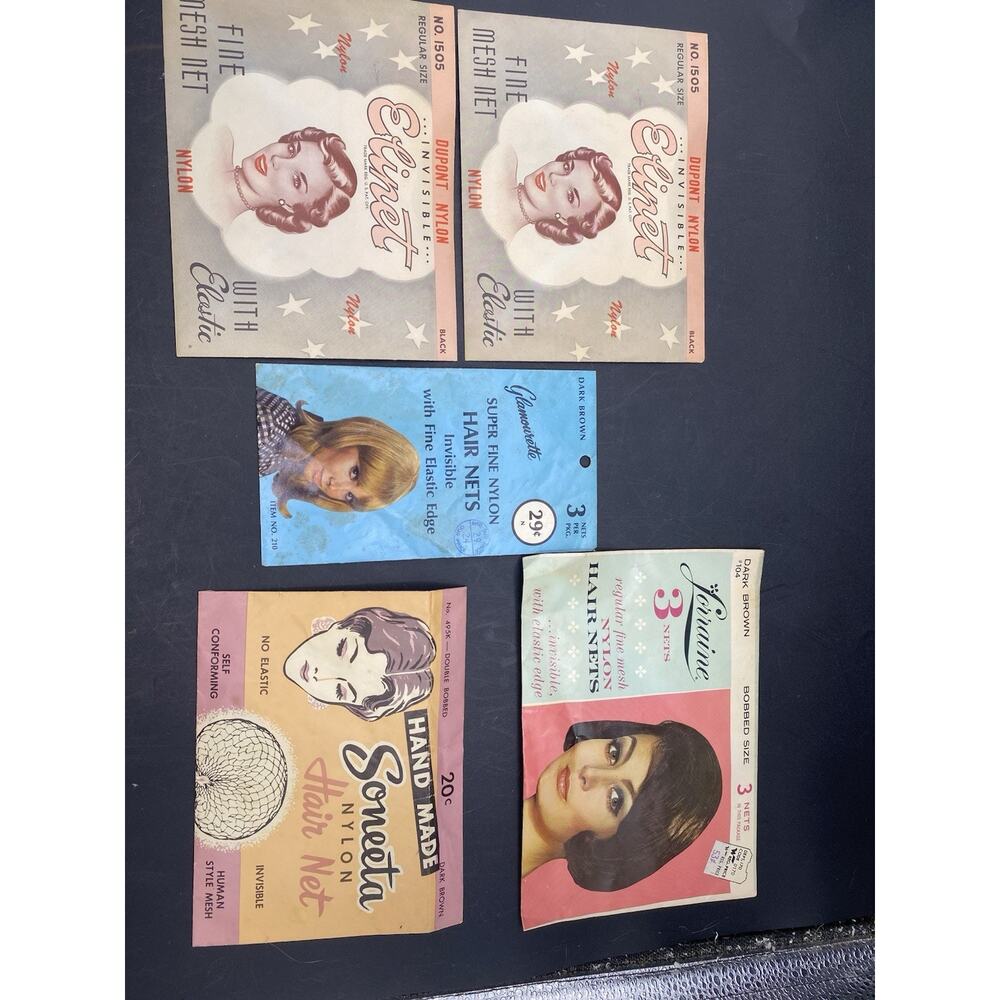 VINTAGE HAIR NETS & PACKAGES--LOT OF 5 . Awesome graphics. Dark Brown/ Black